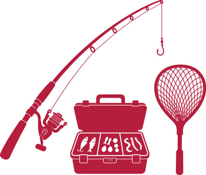 Fishing equipment including rod tackle box and net on transparent background