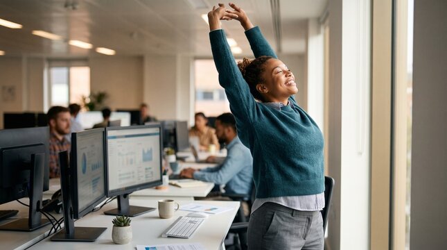 Young woman stretching arms up in joy and relief at her office desk with computers and colleagues in background
