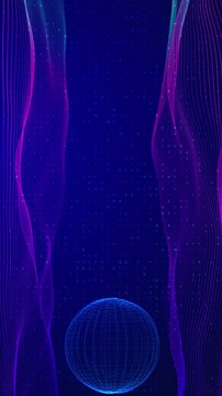 Blue purple digital globe background with magenta wave lines, hexagon texture, and floating letters. Perfect for AI videos, network intros, data science visuals, software screens, and overlays.
