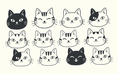 Fototapeta premium Collection Of Feline Head Silhouettes In Black Line Art Style On Neutral Surface