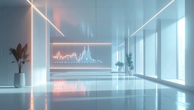 Futuristic office lobby with data visualization on digital screens