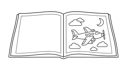 Airplane flying through clouds in coloring book.