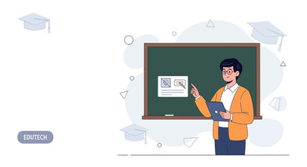 Fototapeta premium Teacher with Tablet in Classroom, Edutech Concept, Online Education, Digital Learning, Modern Teaching
