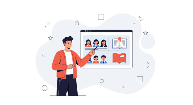 Teacher presenting online class with video conference and digital books on screen, flat design vector illustration.