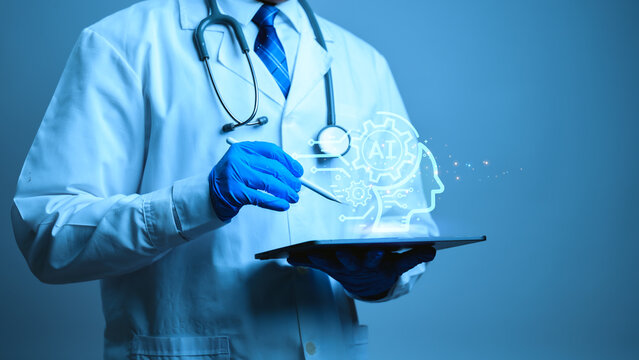 Doctor Using Artificial Intelligence Healthcare Technology with Digital Health Interface for Medical Diagnosis, Patient Care, Clinical Decision Support, Big Data Analytics and Healthcare Innovation