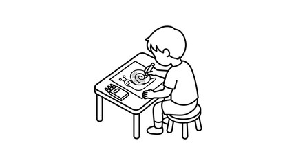 Boy drawing snail and spiral at desk. © Rahmat