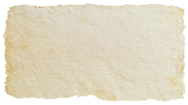 Old textured handmade paper sheet with torn edges isolated on transparent background as png file