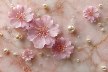 Obraz premium Soft pink flowers and lustrous pearls scattered on a rose-colored marble surface, creating a delicate, elegant composition