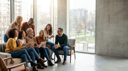 Obraz premium Diverse Group of People Sharing Laughter in Modern Indoor Setting