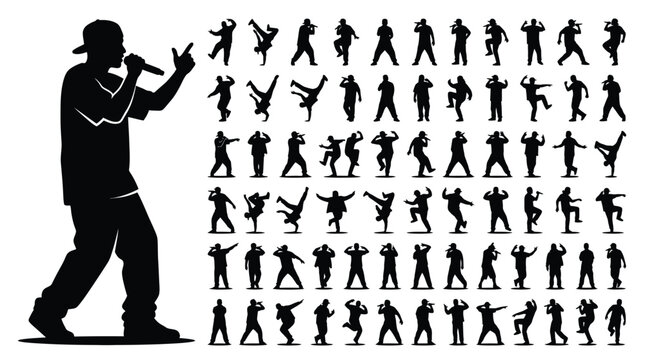 Detailed collection of black silhouettes featuring various hip hop dancers and rappers performing musical acts