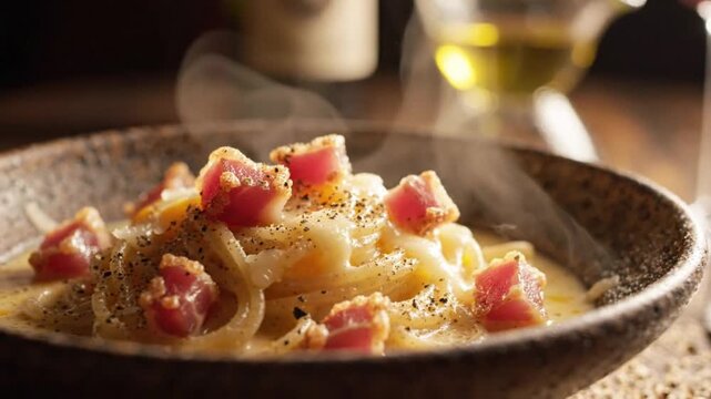 Delicious Steaming Spaghetti Carbonara with Crispy Bacon and Grated Parmesan Cheese in a Restaurant