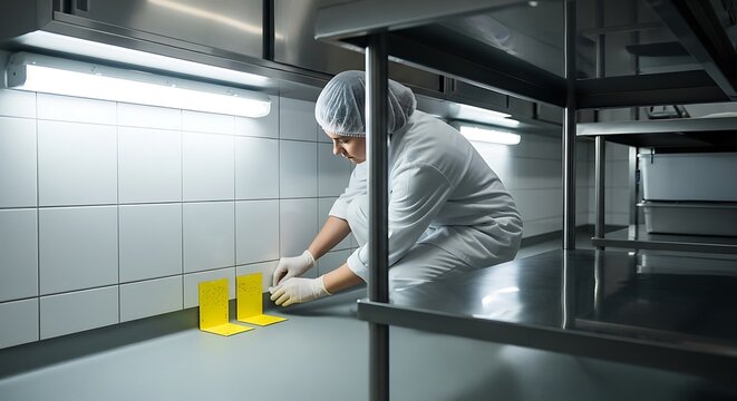 Food safety worker deploys sticky insect traps in a clean commercial kitchen