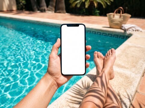 Person holding a black smartphone with a blank white screen while relaxing by a bright blue swimming pool on a warm sunny day during summer vacation