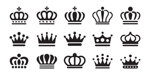 Minimalist black crown silhouettes for majestic royal logo collection on transparent background. © Mukti