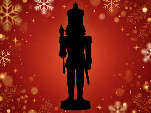 Christmas nutcracker silhouette on festive red background with glowing snowflakes