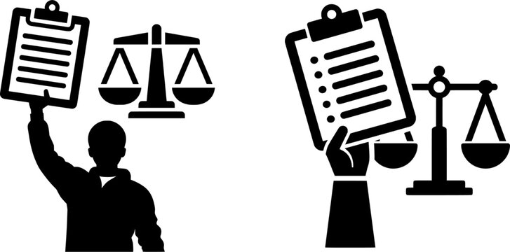 This minimalist icon represents gig worker rights advocacy, featuring a clipboard holding a document alongside the scales of justice, set against a clean white background with ample copy space for