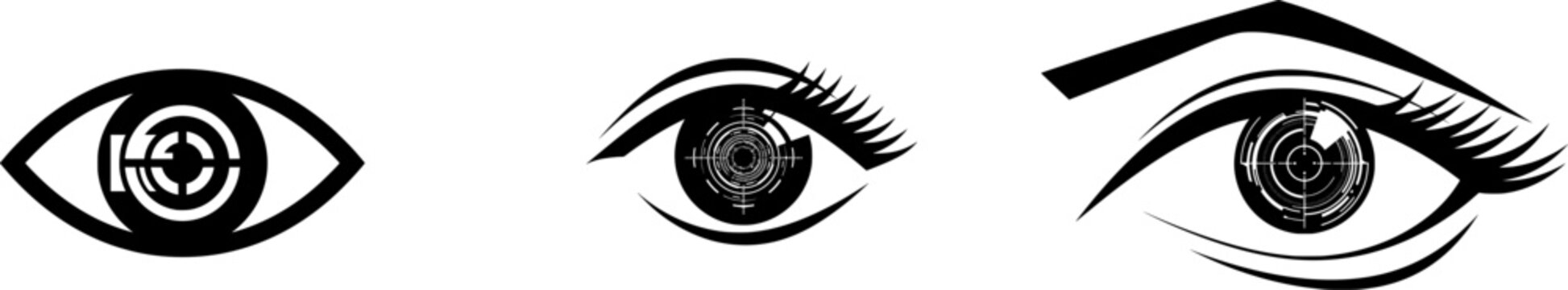 A minimalist black and white vector icon of a human eye with a digital target reticle pattern, crafted in sharp clean lines on a solid white background for futuristic symbolism