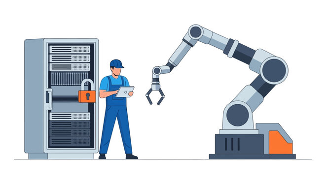 Industrial Automation and Cybersecurity Concept: Engineer Managing Robotic Arm and Secure Server Rack via Digital Tablet Illustration