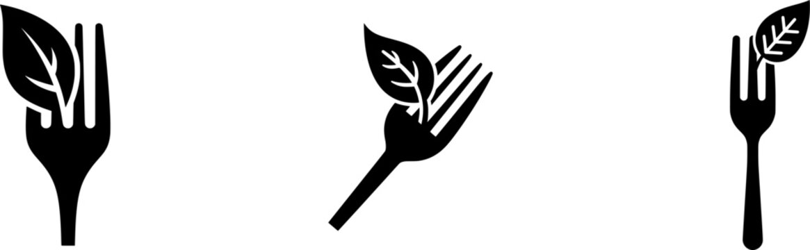 A minimalist black and white 2D flat vector icon represents the plant-based movement, featuring a generic fork with a simple fresh leaf pierced perfectly on its tines, drawn using bold clean outlines