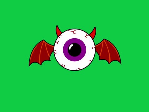 a purple eye with red horns and bat wings with greenscreen