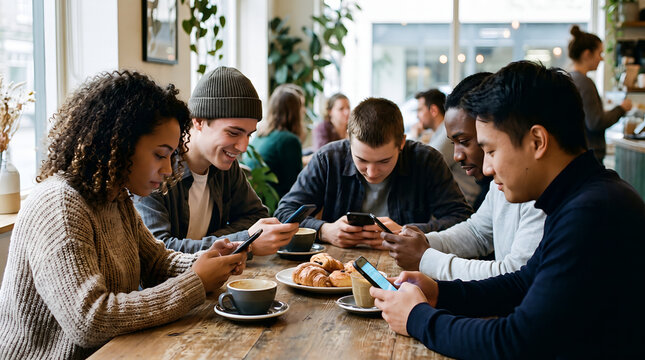 Phubbing and digital addiction concept: Multiethnic friends obsessed with mobile phones instead of socializing in a coffee shop