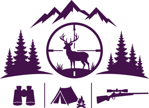 Hunting and camping illustration with deer target and outdoor gear