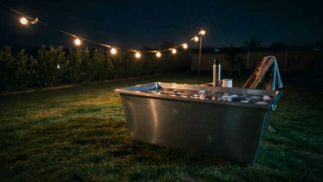 Outdoor Hot Tub on Lawn Under Night Sky with String Lights and Wooden Fence