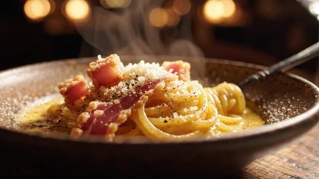 Delicious Steaming Spaghetti Carbonara with Crispy Bacon and Grated Parmesan Cheese in a Restaurant