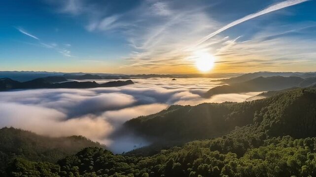 Cloud fog timelapse layers shift continuously with sunlight piercing across the sky