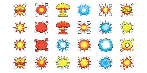 Set of colorful comic book explosion and action burst speech bubble icons © Sharmin
