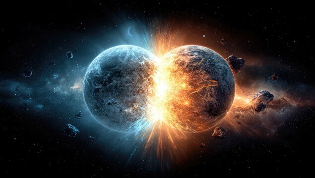 Two celestial spheres collide. An intense burst of light and energy erupts at the impact zone, amidst scattered space rocks and cosmic dust