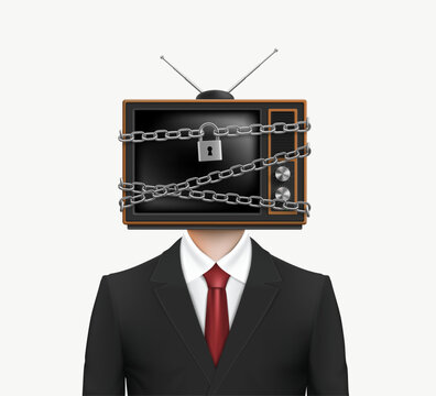 Man in a business suit with a TV instead of a head. With a metal chain around the screen and a padlock. Vector illustration.