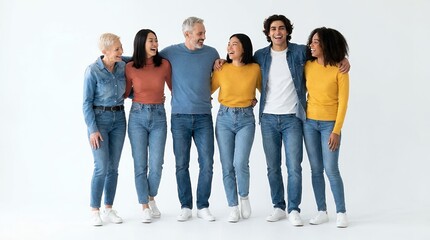 Obraz premium Diverse group of happy friends embracing and smiling, showcasing unity, joy, and positive human connection on a plain white studio background