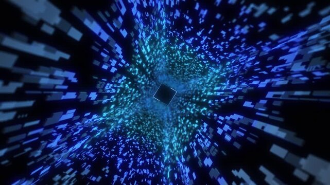 Digital square block tunnel visual with blue flying pixels, central cube shape, and deep motion perspective. Perfect for data videos, software intros, futuristic scenes, and overlays.