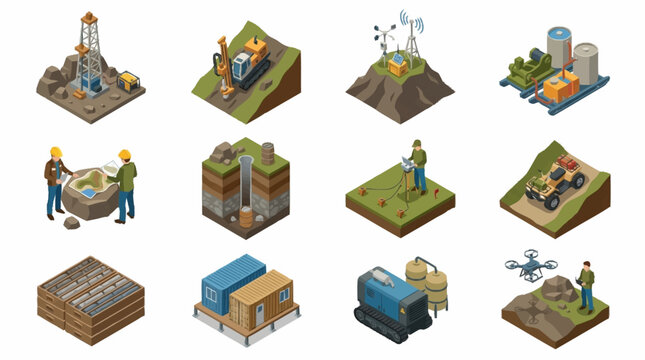 Isometric pixel art illustrations of various industries and activities.