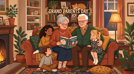 Heartwarming family gathering with elders sharing stories and reading together in cozy living room with home