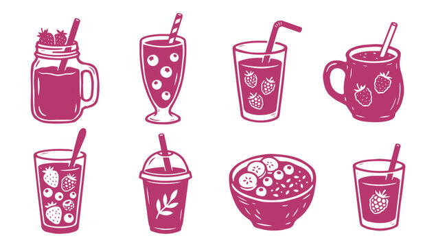 A collection of healthy fruit smoothie icons designed in a creative rustic linocut style