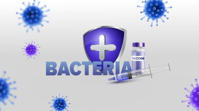 Bacteria Text with Medical Syringe, Vaccine Bottle and Protective Medical Shield on White Background