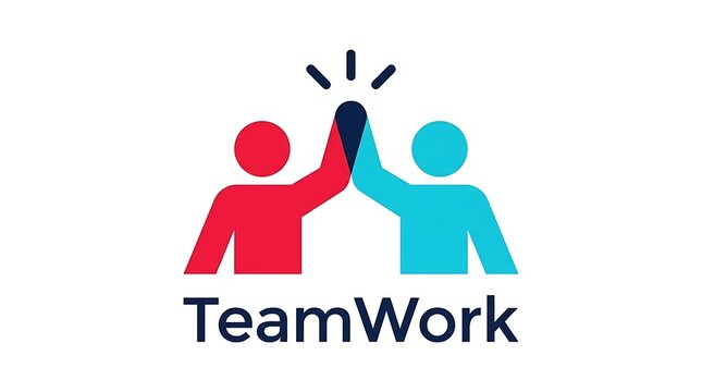 Abstract minimalist teamwork illustration with red and blue figures giving
