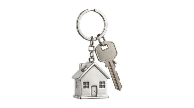 Silver keychain featuring a house model and metal door key isolated on transparent background png set.