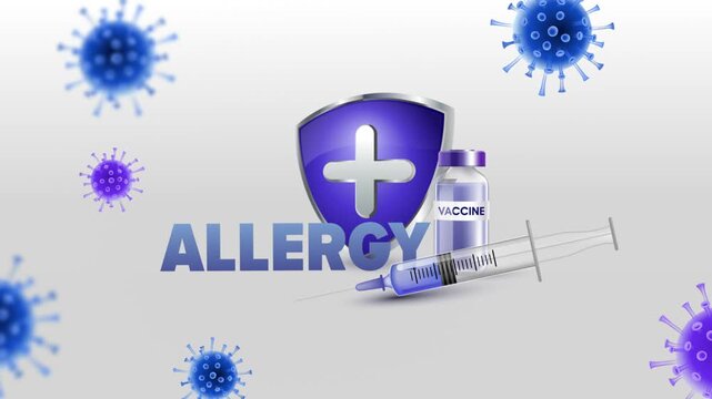 Allergy Text with Medical Syringe, Vaccine Bottle and Protective Medical Shield on White Background
