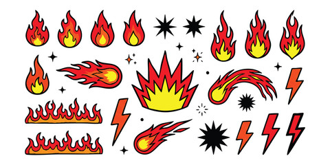 Set of colorful cartoon fire flame comet and lightning bolt vector icons © Sharmin