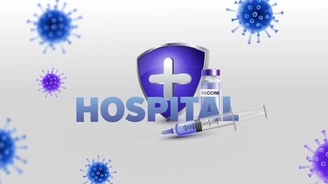 Hospital Text with Medical Syringe, Vaccine Bottle and Protective Medical Shield on White Background