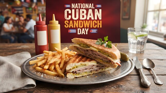 Cuban Sandwich with French Fries Sauce Bottles and Cutlery on Plate Rustic Food Concept For National Cuban Sandwich Day 