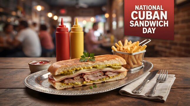 Cuban Sandwich with French Fries Sauce Bottles and Cutlery on Plate Rustic Food Concept For National Cuban Sandwich Day 