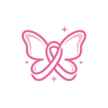 Pink breast cancer awareness ribbon butterfly shape logo with feminine