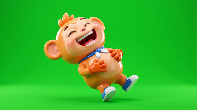 Joyful cartoon monkey laughing hysterically on green background