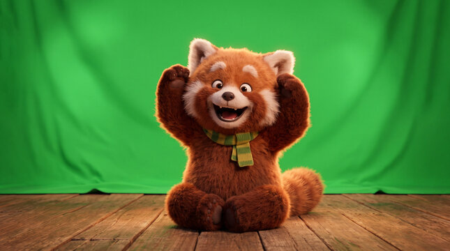 Red panda character laughing with arms raised in front of green screen