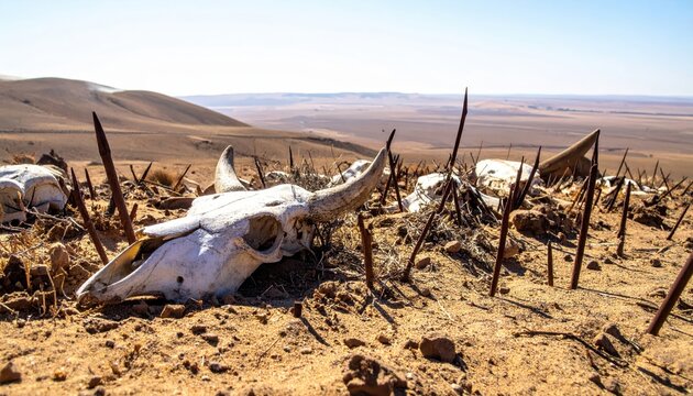 Desert landscape with animal skulls and dry vegetation, symbolizing desolation and harsh environment