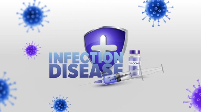 Infection Disease Text with Medical Syringe, Vaccine Bottle and Protective Medical Shield on White Background